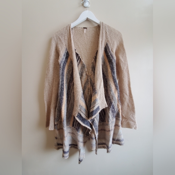 free people cozy kisses natural soft striped open cardigan sweater M - Picture 3 of 8
